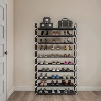 10-степенна стойка за обувки, метална и пластмасова, черна