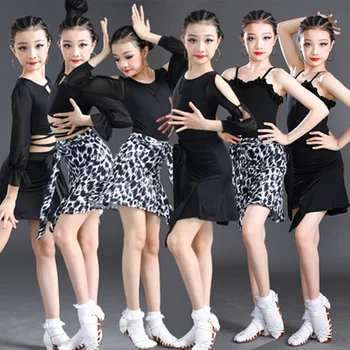 2021 Горещи нови момичета леопард печат Латински конкурсни костюми Салса танго Румба танцова пола и върхове Бална пролетна танцуваща рокля