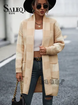 2023 палто хлабав кариран контраст плетена жилетка мода външна търговия пуловер жени