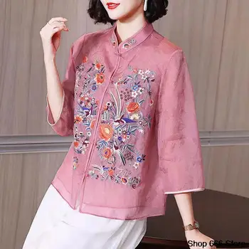 2023Летен шифон Дамско облекло Китайско традиционно женско облекло Пролет Китайски Qipao бродирана риза Етнически моден връх