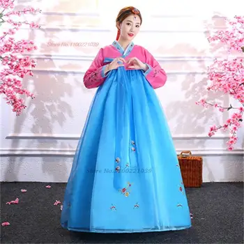 2024 корейски фолклорен танцов костюм ханбок фестивал откриване танцова рокля национална цветна бродерия танцова рокля реколта ханбок рокля