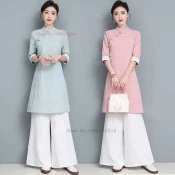 2024 ретро дзен кипао блуза жени китайски подобрен ханфу блуза елегантен реколта ханфу върховете ретро памучно бельо жакард блуза