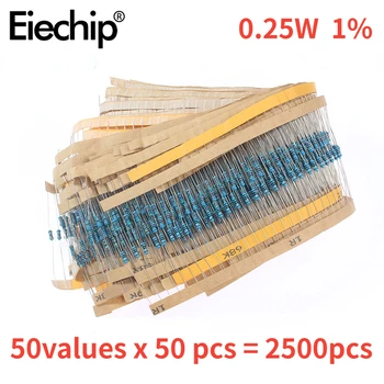  2500PCS 1 / 4W метален филм резистор комплект 50 вида асортимент от резистор 1 ома ~ 10M DIY електронен комплект 1% устойчивост на цветен пръстен