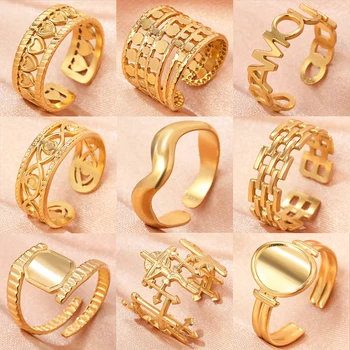 316L пръстени от неръждаема стомана реколта геометрични кухи регулируеми отворен пръстен мода светлина луксозен златен пръстен за жени бижута подарък