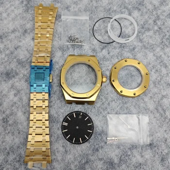  41mm часовник случай комплект PVD позлатени часовник случай + каишка и сапфир огледало стоманена каишка за NH35/36/4R36 движение часовник аксесоари
