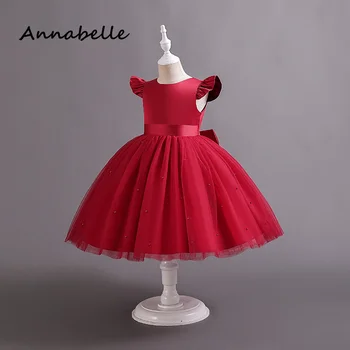 Annabelle цвете момиче рокля за сватбено тържество бебе принцеса елегантен рожден ден парти рокля луксозна пухкава рокля без ръкави 2024 ново