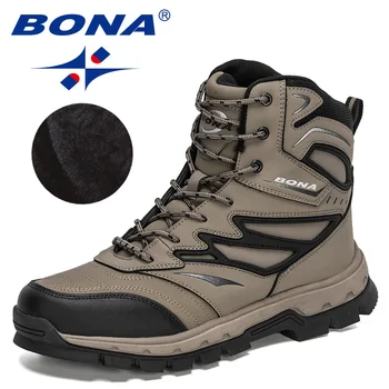 BONA 2023 Нови дизайнери Nubuck Зимни плюшени ботуши Мъжки работни обувки Открит туризъм топли ботуши Man High Top Anti-Slip обувки
