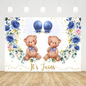 Blue Balloon Bear It's Twins Brother Backdrop Photocall Boy Birthday Party Floral Leaves Photography Background Photo Studio