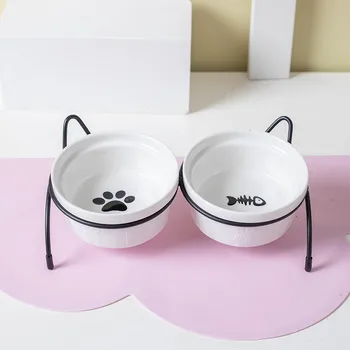 Cat Двойна купа с желязна рамка Кръгла кучешка котешка купа Кученце керамична храна хранене ястие поилка вода аксесоари за домашни любимци