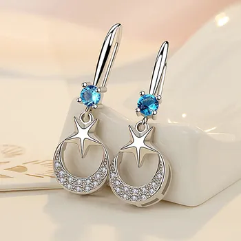 Chic Stars Moon Blue Австрийски кристал циркон диаманти скъпоценни камъни капка обеци за жени бяло злато сребърен цвят корейски бижута