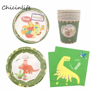 Chicinlife Тематично парти за динозаври Хартиени чинии за чаши Салфетки за детски рожден ден декорация 3-ти 4-ти рожден ден доставки