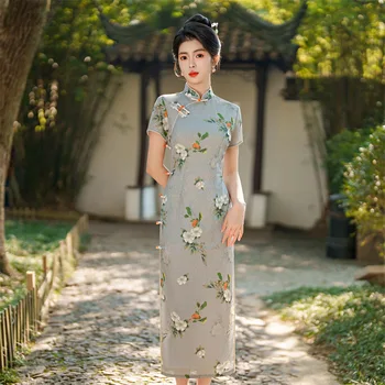 FZSLCYIYI Традиционен китайски Qipao за жени ретро елегантен цветен печат дълги рокли подобрени тънък Cheongsam