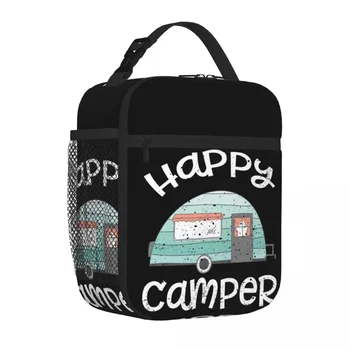 Happy Camper Ретро ремарке RV каравана къмпинг изолирани обяд чанти термична чанта обяд кутии обяд голяма пазарска чанта за жени деца пътуване