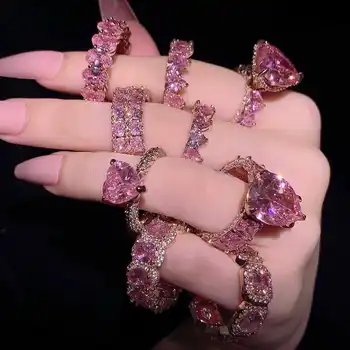 Hot SellingTrendy нов дизайн мода 18K позлатено розово ясно циркон кристал хип-хоп пръстен за мъже жени 2023