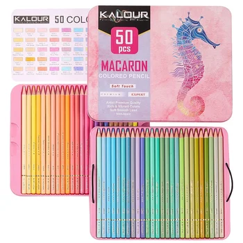 KALOUR 50Pcs Макарон + метален цветен молив, професионален премиум молив за рисуване за деца студенти художник оцветяване изкуство Suppl