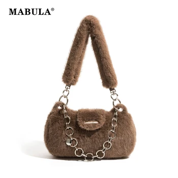 MABULA изкуствена кожа елегантна чанта за рамо за жена мода размита плюшена верига женски скитник чанта стилен модерен Pluffy дама голяма пазарска чанта