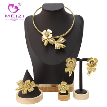 MEIZI бижута Дубай златни цветя бижута комплект за жени италиански стил огърлица гривна обица пръстен италиански стил бижута