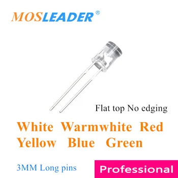 Mosleader 1000pcs 3MM Плосък връх LED Без кантове Бял Топлобял Червен Жълт Син Зелен F3 Дълги щифтове Прозрачен Топ плосък Noframe LED