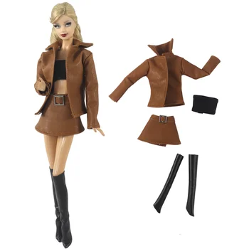 NK 1 комплект кожено яке + топ + мини пола + чорапи дрехи за кукла Барби тоалети мода кафяво палто за 1/6 кукли аксесоари