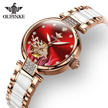 OUPINKE Механичен часовник за жени Луксозен топ марка неръждаема стомана керамична каишка розово злато диамантени дамски часовници reloj mujer