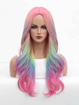 Rainbow синтетична перука за жена дълго тяло вълна коса косплей Лолита страна естествени топлоустойчиви перуки влакна дневна коса
