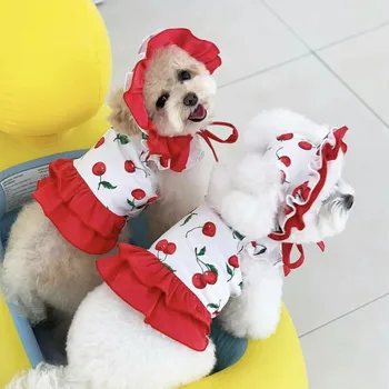 Red Cherry Puppy Swimsuit Summer Pet Suspender Vest Dog Dress Teddy Two-legged Clothes Pet Clothing XS-XL