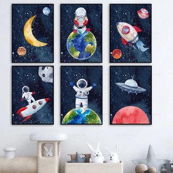 Space Astronaut Rocket Planet Детска стая Стенно изкуство Платно живопис Скандинавски плакати и отпечатъци Стенни картини Бебешка детска стая декор