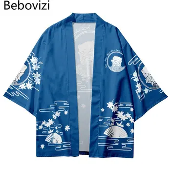 Summer Beach Casual извънгабаритни жилетка Blue Haori жените традиционно облекло японски котка печат кимоно мъжки върхове 5XL 6XL