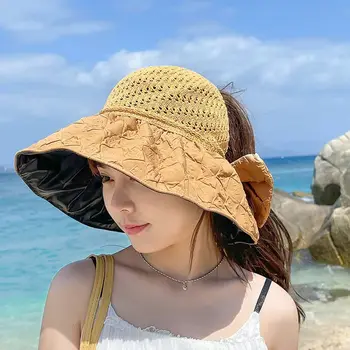 Sun Hat Female Summer Vinyl Big Brim Sun-Proof Hat Outdoor Travel UV Protection Pocket Bow Topless Hat