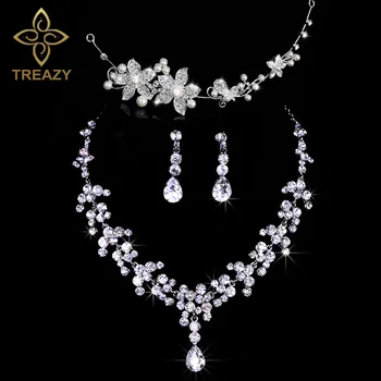 TREAZY моден дизайн цвете кристал перла булката 3бр комплект колие обеци лента за глава диадема булчински сватбени бижута комплект за жени