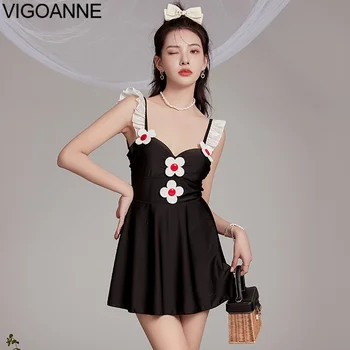 VigoAnne Черна рокля на цветя Бански костюми Жени 2023 Секси закъсал Push UP едно парче бански корейски монокини без гръб