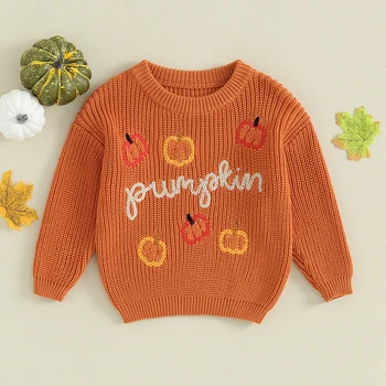 Бебе момчета момичета есен пуловер тиква писмо бродерия екипажа врата дълъг ръкав пуловери Хелоуин дрехи пуловери върховете