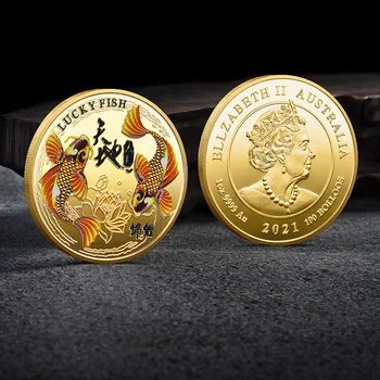 Великобритания Колекционерски монети Възпоменателна монета на кралицата Koi Австралия Позлатена триизмерна релефна възпоменателна монета