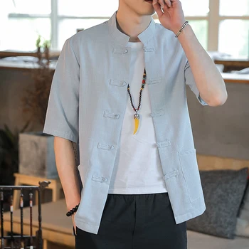 Висококачествен масивен лен мъжки китайски ретро традиционен стил мъжки ханфу риза мъжки среден ръкав циферблат катарама риза мъжки върхове