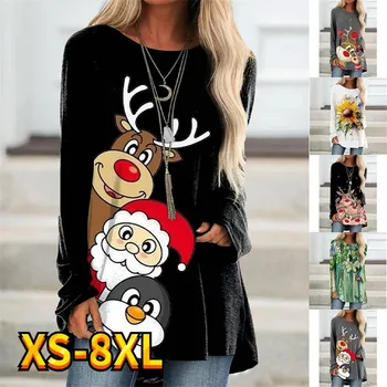 Дамска тениска Tee Коледа елен Дядо Коледа живопис блестящ суитчър активен улично облекло дълъг ръкав около врата XS-8XL