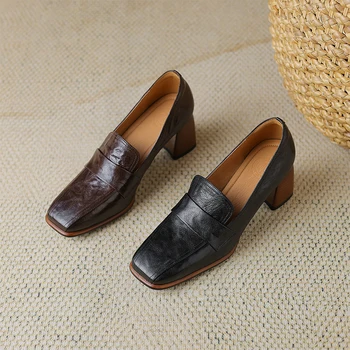 Дамски помпи обувки естествена кожа6Cm токчета елегантна мода кратък високо качество дамски обувки голям размер HIgh дебел ток A144