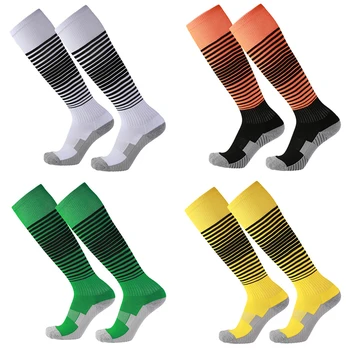 Добро качество кърпа дъното футбол чорап възрастни мъже жени дълго удебеляване коляното високо футбол обучение мач раирани спорт чорапогащник