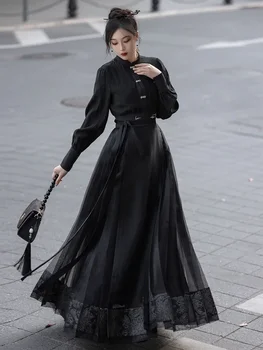 Елегантен китайски стил модерен ханфу черен воал конско лице пола за пролетта облекло на жените традиционно китайско облекло за жени