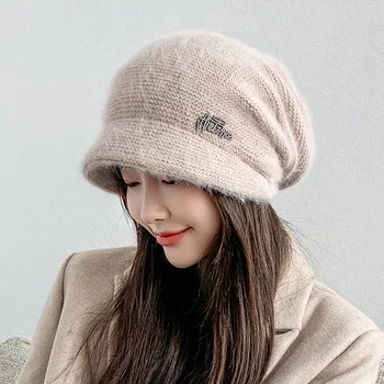 Есен заек кожа плетена шапка за момиче жени зимна мода твърди къса периферия мека топла кашмир вълна черепи женски дебели шапки