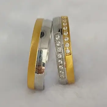 Западна кубичен цирконий обещание сватбени пръстени двойки мода двуцветен неръждаема стомана бижута пръстен за мъже и жени