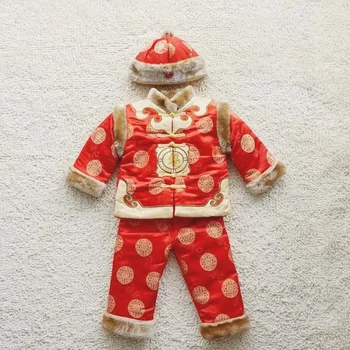 Зимен китайски традиционен Нова година бебе новородено момче червено ватирани топла шапка Tang костюм детски рожден ден подарък Топ панталони комплект