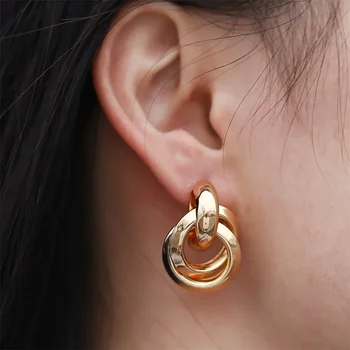 Златен геометричен двоен пръстен капка обица за жени корейски Fahsion класически виси обеци връзка висулка ухо бижута аксесоари