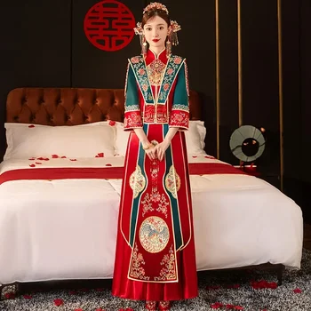 Изящна бродерия перлена декорация Омъжи се за дрехи Традиционна китайска булка сватбена рокля Cheongsam ориенталски реколта Qipao