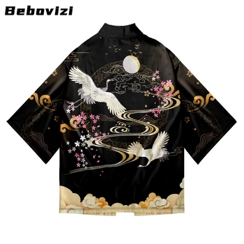 Китайска риза с принт на кран Традиционно самурай кимоно Жени Мъже Хараджуку Хаори Японски плаж Yukata Streetwear Облекло за жилетки