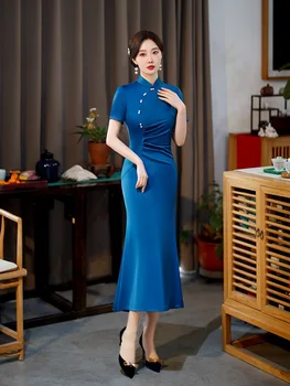 Китайски секси мандарин яка къс ръкав русалка сатен Cheongsam жени рокля ръчно изработени копчета Qipao