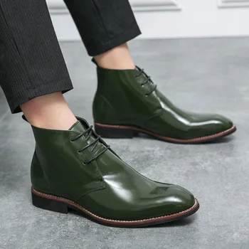 Класически зелени високи мъжки обувки размер 38-48 Ponited официални обувки мъже дантела нагоре кожени ботуши за мъже