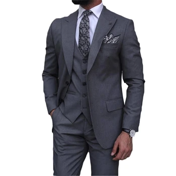 Класически сиви мъжки костюми Slim Fit Prom Сватба младоженец Бизнес връх ревера костюм Masculino Blazer 3 парчета Homme Tuxedos Terno