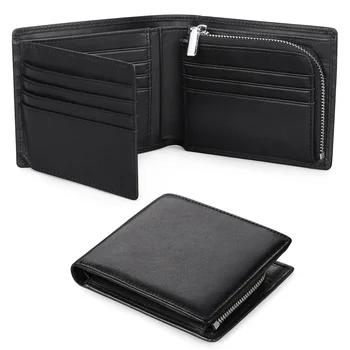 Кожен портфейл за мъже RFID четка против кражба телешка къса карта притежател висок капацитет мъжки портфейл цип монета чантата човек черен
