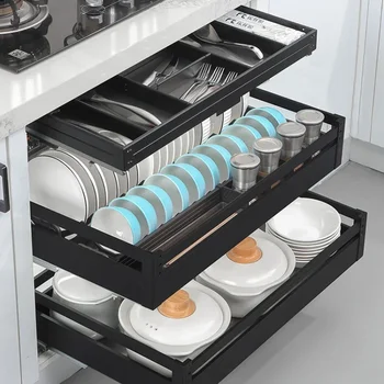 Кошница кухненски шкаф 304 неръждаема стомана двойно чекмедже подправка кошница шкаф за съхранение на съдове и купи.
