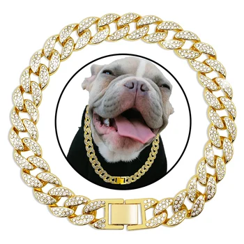 Куче кубински злато верига луксозен диамант куче яка домашен любимец метална огърлица бижута аксесоари за малки средни големи кучета котки домашен любимец подарък